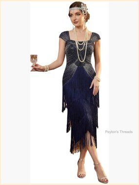 Vintage Fringed 1920s Flapper Dress Sequin Beaded Midi Cap Sleeve Square Neck